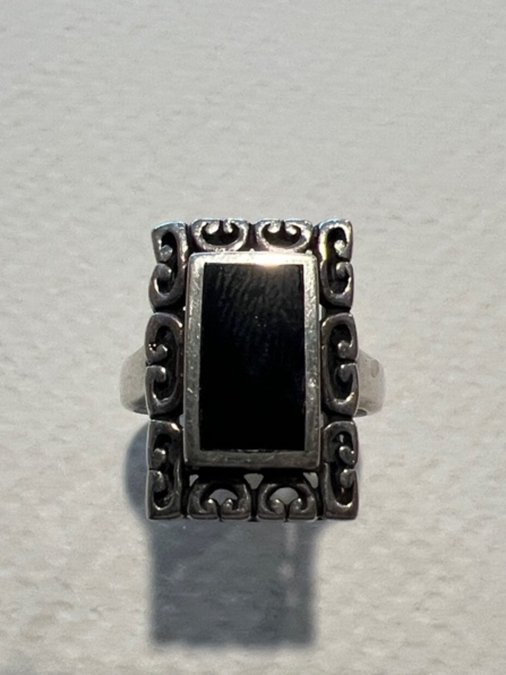 Sterling Silver Black Onyx Scrollwork Rectangular Ring